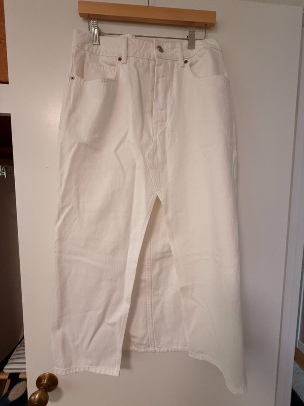 AllSaints White Denim Midi Skirt Size 8 Front Slit Button Fly
